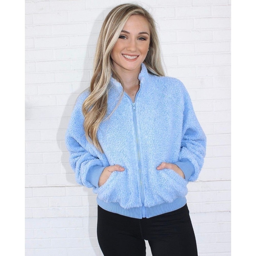 Womens Boutique Light Blue Sherpa Zip Jacket